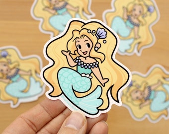 Yellow Mermaid - 3" Vinyl Sticker - waterproof mermaid sticker long blond hair, teal tail, seashell shore beach seashore ocean cute siren