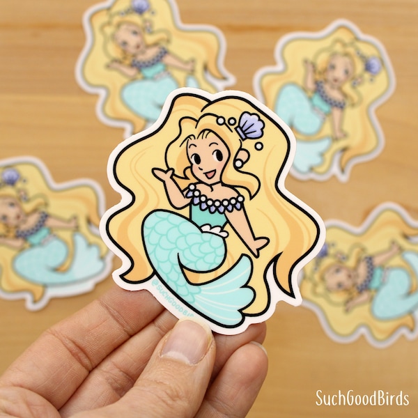 Yellow Mermaid - 3" Vinyl Sticker - waterproof mermaid sticker long blond hair, teal tail, seashell shore beach seashore ocean cute siren