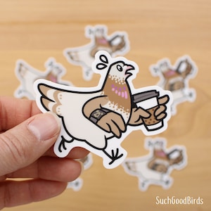 Pigeon Running Late w Coffee - 3" Vinyl Sticker  - cute kawaii bird sticker, dove decal, morning rush, city pigeons, coffee sticker