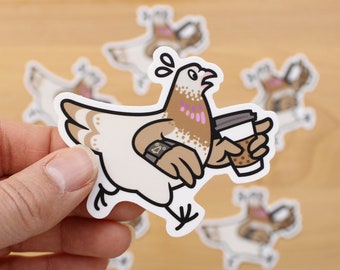 Pigeon Running Late w Coffee - 3" Vinyl Sticker  - cute kawaii bird sticker, dove decal, morning rush, city pigeons, coffee sticker