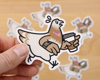 Piccione in ritardo con caffè - Adesivo in vinile da 3" - adesivo carino kawaii con uccello, decalcomania con colomba, corsa mattutina, piccioni cittadini, adesivo con caffè
