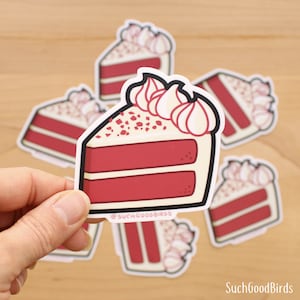 Adhesivo de vinilo de 3" con forma de pastel de terciopelo rojo: bonito adhesivo para pastel, postre dulce, adhesivo con glaseado de queso crema blanco y pastel rojo