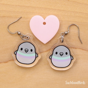 Pigeon (Series 2) Dangle Earrings - Classic Gray - 1&quot; Acrylic Charm Earrings - cute kawaii pigeon dove bird birb - gifts for bird lover