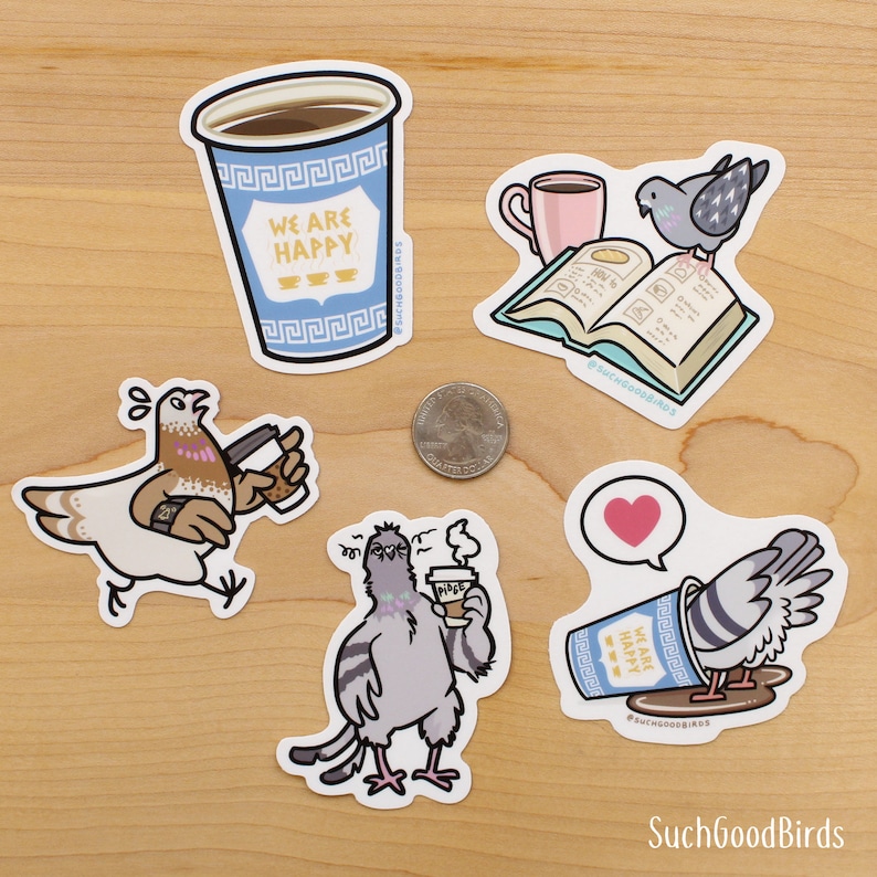 Pigeon Reading Book w Coffee 3 Vinyl Sticker cute kawaii bird sticker, gifts for bird lover, book lover, city pigeons, coffee sticker image 5