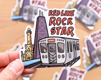 Chicago L Train - Red Line Rockstar - 3" Vinyl Sticker - souvenir sticker, mass transit subway train decal, Windy city, Illinois travel