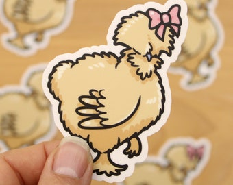 Silkie Chicken - Buff Tan w/ Pink Bow - 3" Vinyl Sticker - bird decal waterproof vinyl - cute hen fancy poultry, furry chicken, feather leg