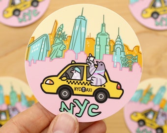 NYC Pigeons Taxi 3" Circle Vinyl Sticker - cute bird sticker, kawaii stickers, bird stickers, new york city pigeons, yellow taxi cab, city