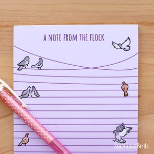 Blocco note con piccioni sui fili del telefono, 5&quot;x7&quot; - cancelleria con simpatici uccelli, dai da mangiare agli uccelli, simpatici piccioni, cancelleria viola, un biglietto dallo stormo