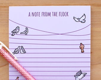 Pigeons on Telephone Wires 5"x7" Note Pad - birds stationery, feed the birds, cute pigeons, purple stationery, a note from the flock