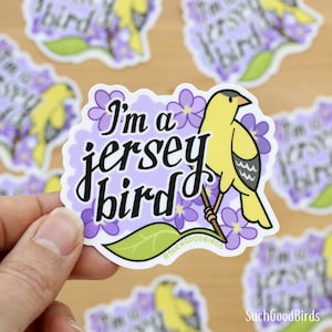 NJ I'm a Jersey Bird - Adesivo in vinile da 3" - Cardellino americano - Uccello dello stato del New Jersey - Adesivo con viole floreali, Jersey Shore
