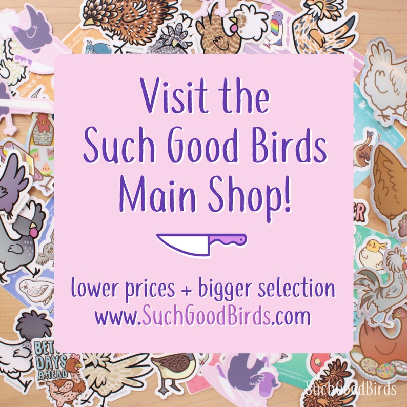 May include: A pink and purple graphic with the text "Visit the Such Good Birds Main Shop!" and a knife icon. Below the text is "lower prices + bigger selection" and the website address "www.SuchGoodBirds.com". The graphic is surrounded by colorful bird stickers.