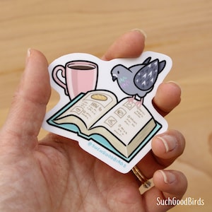 Pigeon Reading Book w Coffee 3 Vinyl Sticker cute kawaii bird sticker, gifts for bird lover, book lover, city pigeons, coffee sticker image 3