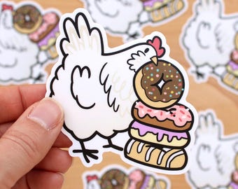 Pegatina de vinilo de 7,6 cm con diseño de pollo y donuts: pegatina adorable, pegatinas kawaii, pegatinas de pájaros, regalos para amantes de las aves.