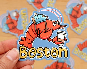 Boston Lobster with Backpack and Coffee - 3" Vinyl Sticker - cute bird - East Coast - New England souvenir - Boston Massachusetts