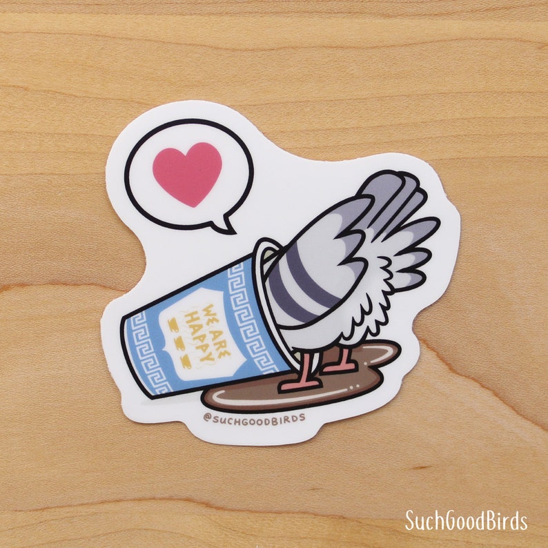 NYC Pigeon w Spilled Coffee New York City Greek Cup 3 Vinyl Sticker cute bird sticker, city pigeons, coffee sticker, love heart emoji image 4