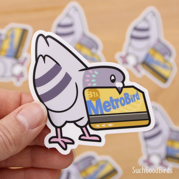 NYC Pigeon w Metrocard - 3" Vinyl Sticker - cute kawaii bird sticker, big city life, gifts for bird lover, city pigeons, NYC subway sticker