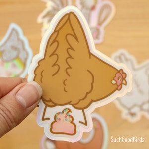 Hen with Ice Cream Poop 3" Holographic Vinyl Sticker - Baking with Chickens - cute sticker, kawaii bird holo stickers, gifts for bird lover