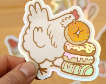 Chicken with Donuts 3" Holographic Vinyl Sticker - Baking with Chickens - cute sticker, kawaii stickers, bird stickers, gifts for bird lover