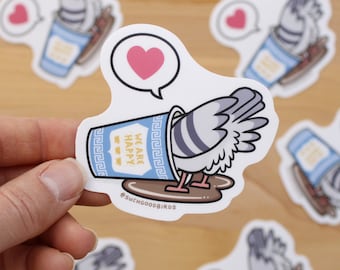 NYC Pigeon w Spilled Coffee - New York City Greek Cup - 3" Vinyl Sticker - cute bird sticker, city pigeons, coffee sticker, love heart emoji