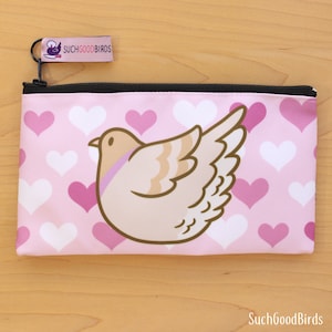 Pigeons Pencil Pouch - Pink - zippered pouch pigeon dove pencil case school supplies, cute bird stationery, accessory handbag, pastel pink