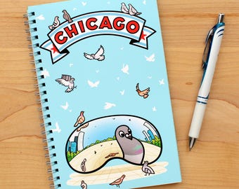 Chicago Bean 5.5" x 8.5" Notebook - Illinois travel souvenir stationery cute pigeon bird stationary note book blue college ruled lined paper