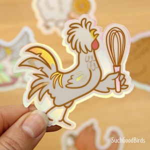 Gray Polish Rooster 3&quot; Holographic Vinyl Sticker- Baking with Chickens