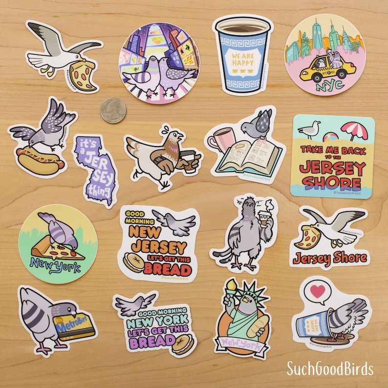 NYC Pigeon w Spilled Coffee New York City Greek Cup 3 Vinyl Sticker cute bird sticker, city pigeons, coffee sticker, love heart emoji image 6