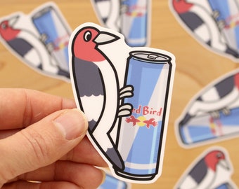 Woodpecker with Energy Drink 3" Vinyl Sticker - bird meme sticker, funny bird sticker, birdwatching, gifts for birder, nature hiking sticker