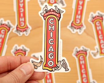 Chicago Theater Sign with Pigeons - 3.5" Vinyl Sticker - Iconic Landmark Souvenir, theatre marquee