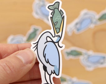 Great Blue Heron 3" Vinyl Sticker - heron eating fish, cute heron sticker, egret, wading bird, birdwatching, fishing sticker, funny animals