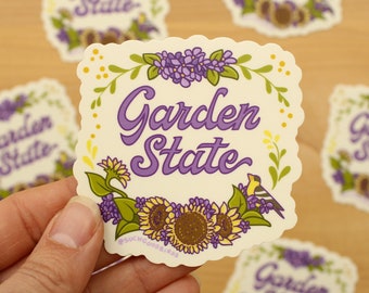 NJ Garden State Floral - 3" Vinyl Sticker - New Jersey - US state nickname american goldfinch bird violet flower - east coast pride sticker