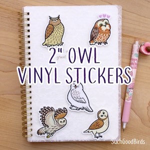 Eule 2 "Aufkleber - 5 Designs - Wasserfeste 2" hohe Vinylaufkleber - niedliche Eule kawaii sah weiß, schneebedeckt, eurasisch, Schleiereule, gestreifte Eule