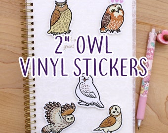 Owl 2" Stickers - 5 designs - Water proof 2" tall vinyl stickers  - cute owl kawaii saw whet, snowy, eurasian, barn, snowy, barred owl