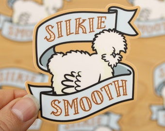 Silkie Chicken - "Silkie Smooth" White Hen - 3" Vinyl Sticker - bird decal waterproof vinyl - cute fancy poultry, furry chicken, feather leg