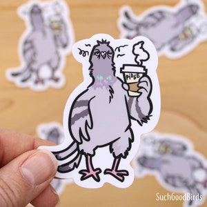 Taube erschöpft mit Kaffee - 3"Vinyl Aufkleber - süßer kawaii Vogel Aufkleber, Tauben Aufkleber, Geschenke für Vogelliebhaber, Stadttauben, Kaffee Aufkleber