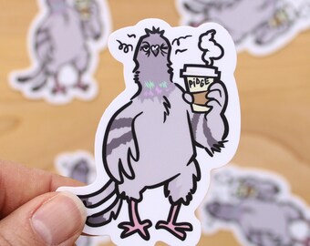 Pigeon Exhausted w Coffee - 3" Vinyl Sticker  - cute kawaii bird sticker, dove decal, gifts for bird lover, city pigeons, coffee sticker