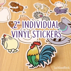 Birds Vinyl Stickers - 25 designs to choose from - 2" waterproof vinyl stickers  - cute kawaii chicken owl goose pigeon, gift bird lover