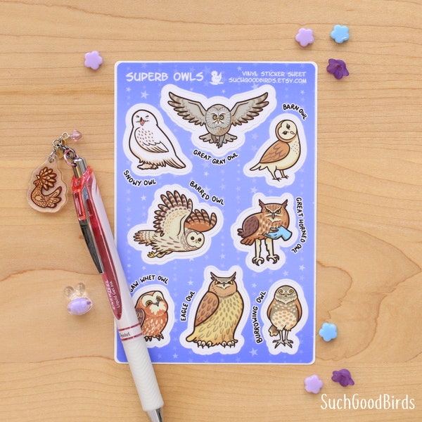 Owls VINYL stickers - 4" x 6" sticker sheet - waterproof stickers - cute birds kawaii, cute owl, gifts for bird lover, owl stickers