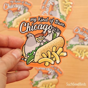 Cachorro-quente estilo Chicago com pombo - Adesivo de vinil de 3" - adesivo fofo de pombo, cachorro-quente de lembrança de Chicago