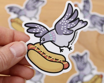 Pigeon w Hot Dog - 3" Vinyl Sticker - cute kawaii bird sticker, gifts for bird lover, pigeon lover, hotdog sticker, seashore, beach sticker