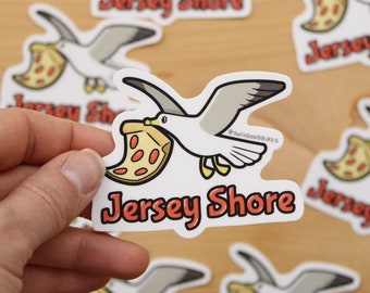 NJ Jersey Shore - Seagull w Pizza - 3" Vinyl Sticker - pepperoni pizza, seashore ocean beach, summer boardwalk snacks new jersey sticker