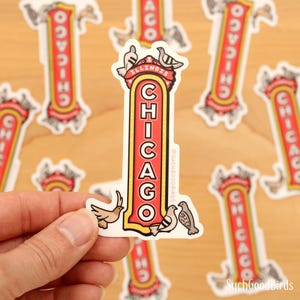 Enseigne du théâtre de Chicago - Autocollant en vinyle de 3,5 pouces - Adorable autocollant, enseigne de chapiteau rouge de l'Illinois emblématique des pigeons souvenirs de Chicago