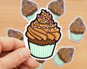 Chocolate Cupcake 3" Vinyl Sticker - cute cake sticker, sweet dessert, milk chocolate fudge caramel, rainbow sprinkles