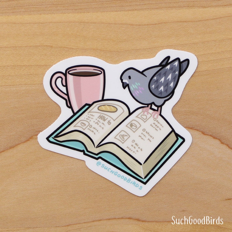 Pigeon Reading Book w Coffee 3 Vinyl Sticker cute kawaii bird sticker, gifts for bird lover, book lover, city pigeons, coffee sticker image 4