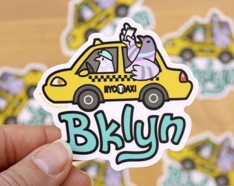 NYC Brooklyn Pigeon in Taxi - 3" Vinyl Sticker - cute bird sticker, big city life, New York City yellow cab taxi, city pigeons, brklyn