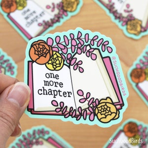 One More Chapter - Adesivo de vinil de 3" - adesivo de leitura - decalque para amantes de livros - presentes para leitores ávidos - adoro ler - peônia floral e eucalipto