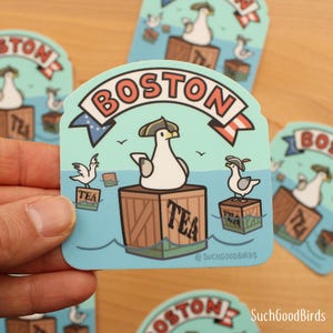 Fiesta del té de la gaviota de Boston - Adhesivo de vinilo de 3" - pájaro simpático - recuerdo de Nueva Inglaterra - Boston, Massachusetts - Adhesivo de historia colonial