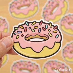 Pink Donut 3&quot; Vinyl Sticker - cute donut sticker, sweet dessert, strawberry frosting with rainbow sprinkles, dulce rosquilla doughnut