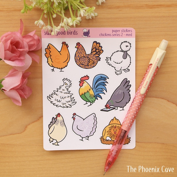 Chickens Series 2 PAPER stickers - 3.75" x 4.75" sticker sheet - planner stickers - cute birds kawaii - gifts for bird lover, planner gifts