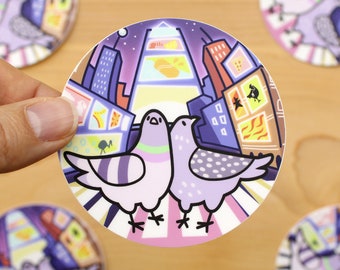 NYC Pigeons Times Square 3" Circle Vinyl Sticker  - cute bird sticker, kawaii, bird stickers, gifts for bird lover, new york city pigeons